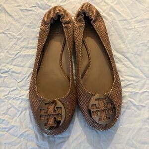 Tory Burch Reva Ballet Flats Brown Snake Embossed Leather Size 8
